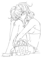 1girl atlus az0212 bad_id bad_pixiv_id bikini greyscale high_heels highres kujikawa_rise kuma_(persona_4) legs lineart long_hair looking_at_viewer monochrome persona persona_4 shoes sitting smile swimsuit