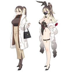 1girl absurdres accessories animal_ears arm_tattoo bag black_bag black_bow black_footwear black_leotard black_mask black_sweater blonde_hair blush bow breasts brown_hair brown_pantyhose carrot coat detached_collar eyeliner fake_animal_ears full_body fur_trim glasses gloves grey_eyes handbag heart_ear_ornament high_heels high_ponytail highres jewelry large_breasts leotard long_hair long_skirt long_sleeves looking_at_viewer makeup mask mouth_mask multicolored_hair necklace number_tattoo open_clothes open_coat original pantyhose pink_eyeliner playboy_bunny ponytail purple_eyes rabbit_ears red_gloves shiny_leotard shiny_skin simple_background skirt sleeveless smile standing sweater tattoo thigh_strap thighs two-tone_hair variations white_background white_coat wonbin_lee wrist_cuffs yellow_skirt