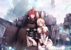 10s 1boy 1girl adlet_myer against_wall ahoge animal_ears blonde_hair box breasts rabbit_ears cape cleavage desakey highres leaning_on_person nachetanya_loei_piena_augustra pouch red_hair rokka_no_yuusha ruins side-by-side sigil sleeping sleeping_on_person wand white_legwear wrist_guards