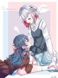 &gt;_&lt; 2girls :3 :d black_camisole blue_eyes blue_hair blue_shorts blush brown_dress camisole camisole_over_clothes cat collared_shirt colored_inner_hair commentary dated diagonal_bangs dollchestra dress grey_hair half-closed_eyes half_updo hand_on_another&#039;s_head hasu_no_sora_school_uniform highres kishimen_hair link!_like!_love_live! long_hair long_sleeves looking_at_another love_live! lying multicolored_hair multiple_girls murano_sayaka neckerchief nose_blush on_stomach one_side_up open_mouth puffy_long_sleeves puffy_sleeves red_eyes red_hair red_neckerchief sailor_collar sailor_dress sakari_(pear_8_ll) school_uniform shirt short_hair shorts sidelocks smile socks spoken_animal spoken_expression streaked_hair symbol-only_commentary translation_request virtual_youtuber white_sailor_collar white_shirt white_socks winter_uniform yugiri_tsuzuri