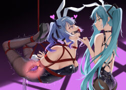 2girls absurdres animal_ears aqua_eyes aqua_hair arms_behind_back ball_gag bdsm blue_hair bound bound_arms bound_legs breasts drooling dual_persona egg_vibrator fake_animal_ears fake_tail fishnet_pantyhose fishnets gag gagged hatsune_miku heart high_heels highres leotard liangfangliangfangliang long_hair looking_at_another medium_breasts medium_hair multiple_girls pantyhose playboy_bunny purple_eyes rabbit_ears rabbit_hole_(vocaloid) rabbit_tail rope sex_toy shibari shibari_over_clothes spoken_heart strapless strapless_leotard suspension tail twintails variant_set very_long_hair vibrator vocaloid wiffle_gag x-ray yuri