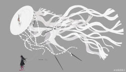 1other absurdres bird_legs black_hair from_side full_body grey_background highres incredibly_absurdres kamikiririp long_hair monster multicolored_eyes one-eyed original other_focus simple_background size_difference standing watermark weibo_watermark white_string