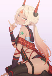 1girl absurdres arm_tattoo between_legs black_sailor_collar black_shoes blonde_hair boots epic_seven fingernails from_side gradient_hair grey_background hair_intakes hand_between_legs highres horns konjou leaning_forward long_hair multicolored_hair nail_polish orange_hair orange_nails pointy_ears ravi_(epic_seven) sailor_collar sarashi sharp_fingernails shiny_skin shoes simple_background sitting solo tattoo thigh_boots thigh_strap tongue tongue_out yellow_eyes