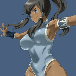 1girl abs adapted_costume arm_warmers armlet armpits avatar:_the_last_airbender avatar_legends bare_shoulders black_hair blue_eyes blue_one-piece_swimsuit breasts dark-skinned_female dark_skin female_focus hair_tubes jewelry korra large_breasts leotard long_hair muscular naso4 navel one-piece_swimsuit ponytail sideboob simple_background smile solo swimsuit the_legend_of_korra topknot vambraces