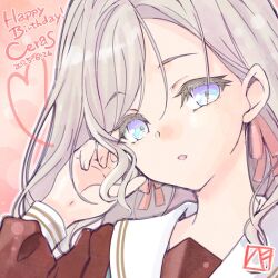 1girl aqua_neckerchief bekkankou blue_eyes ceras_yanagida_lilienfeld character_name commentary_request dated dress english_text grey_hair hair_ribbon happy_birthday hasu_no_sora_school_uniform heart link!_like!_love_live! long_hair long_sleeves looking_at_viewer love_live! neckerchief parted_lips pink_background pink_ribbon ribbon sailor_collar sailor_dress school_uniform signature simple_background solo virtual_youtuber white_sailor_collar winter_uniform