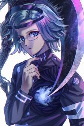 1boy aotsuki_eito armband blue_eyes eyeliner film_grain gakuran glasses grey_hair hand_up headgear highres hole_in_chest hole_on_body last_defense_academy_school_uniform looking_to_the_side makeup male_focus red_eyeliner saeji3434 school_uniform scythe short_hair simple_background solo the_hundred_line_-last_defense_academy- upper_body white_armband