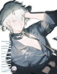 1boy antenna_hair black_shirt blue_eyes character_name hand_on_own_head hashtag-only_commentary highres honkai:_star_rail honkai_(series) male_focus official_alternate_costume parted_bangs pectoral_cleavage pectorals phainon_(fashion)_(honkai:_star_rail) phainon_(honkai:_star_rail) photo_inset ponytail shirt short_hair sleeves_rolled_up solo spotlight white_hair yu28d_fff