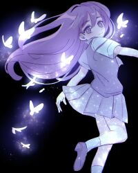 Rule 34 | 1girl, ankle socks, black background, bright pupils, bug, butterfly, chromatic aberration, closed mouth, collared shirt, commentary, double-parted bangs, fh06kane, foot out of frame, from behind, glowing butterfly, grey skirt, grey sweater vest, hair behind ear, hair between eyes, highres, insect, light particles, long hair, looking at viewer, looking back, mari (headspace) (omori), mari (omori), miniskirt, omori, pleated skirt, purple eyes, purple hair, purple shoes, shirt, shoes, short sleeves, simple background, skirt, smile, socks, solo, standing, standing on one leg, straight hair, sweater vest, symbol-only commentary, turning head, very long hair, white butterfly, white pupils, white shirt, white socks, wind
