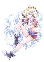 1girl absurdres bandages blonde_hair blue_eyes breasts chrono_cross closed_mouth crop_top damegamega facial_mark full_body gloves high_ponytail highres jewelry kid_(chrono_cross) long_hair looking_at_viewer medium_breasts midriff multi-tied_hair navel necklace ponytail skirt smile solo vest water white_background