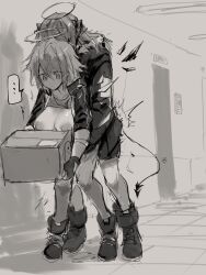 Rule 34 | ..., 1futa, 1girl, arknights, box, breasts, breasts out, carrying, closed mouth, clothed sex, clothes lift, emotionless sex, expressionless, exusiai (arknights), futanari, halo, highres, implied futanari, monochrome, mostima (arknights), mutomorokoshi, nipples, sex, sex from behind, shirt lift, shoes, sketch, tail, time stop