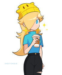 Rule 34 | artist name, blonde hair, blue eyes, blue skirt, closed mouth, commentary, cup, english commentary, eyelashes, hair over one eye, highres, holding, holding cup, long hair, mario (series), nintendo, rosalina, short sleeves, skirt, very long hair, vinny (dingitydingus), white background