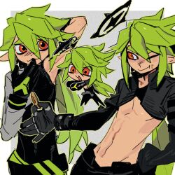 2boys abs age_comparison aged_down aotu_world arm_behind_head arm_up armpits asymmetrical_clothes asymmetrical_sleeves belt black_belt black_gloves black_jacket black_pants black_shirt blush border chibi chibi_inset closed_mouth crop_top cropped_jacket dual_persona eating food food_on_face gloves green_belt green_hair grey_background grey_jacket groin hair_between_eyes half-jacket halo hand_on_own_hip holding holding_food jacket jewelry long_hair long_sleeves looking_at_viewer low_ponytail male_focus midriff mojia54763 multicolored_eyes multiple_boys multiple_rings navel official_alternate_costume one_eye_closed open_mouth pants pointy_ears ponytail red_eyes ring shirt simple_background single_bare_shoulder smile toned toned_male underpec upper_body very_long_hair waist_cape wiping_face xander_(aotu_world) yellow_eyes