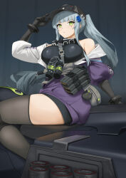 1girl bare_shoulders black_gloves black_hat blue_hair breasts clothes_pull elbow_gloves explosive facepaint from_below frown girls&#039;_frontline girls&#039;_frontline_2:_exilium gloves green_eyes grenade hand_up hat highres hk416_(girls&#039;_frontline) jacket jacket_pull klukai_(girls&#039;_frontline_2) large_breasts long_hair looking_at_viewer looking_down magazine_(weapon) motor_vehicle motorcycle ochiaki off_shoulder on_motorcycle ponytail skindentation solo teardrop thighhighs thighs very_long_hair
