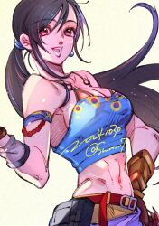 1girl abs armlet bare_shoulders black_hair blue_shirt breasts cleavage cosplay crop_top earrings final_fantasy final_fantasy_vi final_fantasy_vii final_fantasy_vii_ever_crisis hair_tie hand_on_own_hip jewelry large_breasts long_hair looking_at_viewer low_ponytail midriff navel official_alternate_costume open_mouth pants ponytail red_eyes sabin_rene_figaro sabin_rene_figaro_(cosplay) sash shirt sideboob smile solo strapless tifa_lockhart tifa_lockhart_(sabin&#039;s_style) tube_top upper_body waist_sash wakakusa-e yellow_pants