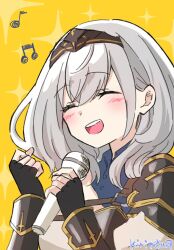 1girl :d ^_^ armor beamed_eighth_notes black_gloves blush boobplate breastplate closed_eyes commentary_request eighth_note fingerless_gloves gloves grey_hair hair_between_eyes hands_up highres holding holding_microphone hololive kiritoma microphone musical_note open_mouth pauldrons shirogane_noel shirogane_noel_(1st_costume) shoulder_armor signature smile solo teeth upper_body upper_teeth_only vambraces virtual_youtuber yellow_background