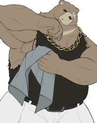 1boy arm_up armpit_hair armpits bara belly ben_bigger biceps black_sclera black_tank_top chain chain_necklace closed_mouth colored_sclera furry furry_male highres holding holding_towel jewelry looking_at_viewer male_focus muscular muscular_male necklace nikukyu299paw pants pectoral_cleavage pectorals plump smile sweatdrop tank_top torn_clothes towel white_background white_pants zenless_zone_zero