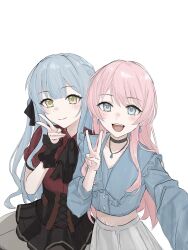2girls ascot bang_dream! bang_dream!_it&#039;s_mygo!!!!! black_ascot black_choker black_corset blue_hair blue_jacket blush chihaya_anon choker closed_mouth commentary corset cropped_jacket earrings fang fish_dumplings grey_eyes highres jacket jewelry long_hair long_sleeves looking_at_viewer midriff multiple_girls navel oblivionis_(bang_dream!) open_mouth pink_hair red_shirt selfie shirt simple_background skirt teeth togawa_sakiko two_side_up upper_teeth_only v white_background white_skirt yellow_eyes