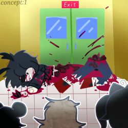 Rule 34 | 2boys, 2girls, animal ears, black hair, blood, bloody, brown hair, disney, floor, fundamental paper education, guro, kiffy (artist), mickey mouse, mouse ears, multiple boys, multiple girls, murdered, rabbit, rabbit ears, rabbit tail, sad, school, suicide mouse (creepypasta)