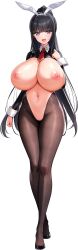 1girl :d absurdres animal_ear_hairband animal_ears arm_at_side arm_up black_hair black_shrug blunt_bangs breasts chichizaki_momina cleavage collared_shrug crotchless crotchless_pantyhose derauea fake_animal_ears frontless_outfit full_body game_cg hairband high_ponytail highres huge_breasts inverted_nipples latex latex_legwear light_blush long_hair looking_at_viewer meme_attire motto!_haramase!_honoo_no_oppai_isekai_oppai_bunny_gakuen! navel nipples no_pussy non-web_source official_art open_mouth pantyhose ponytail ponytail_with_braided_base purple_eyes rabbit_ear_hairband rabbit_ears revealing_clothes reverse_bunnysuit reverse_outfit shrug_(clothing) sidelocks smile solo standing star_(symbol) star_in_eye symbol_in_eye tachi-e tall_female transparent_background white_hairband wrist_cuffs