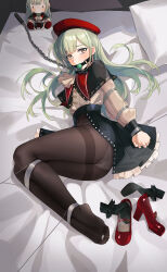 absurdres arms_behind_back ascot ave_mujica_(bang_dream!) ball_gag bang_dream! bang_dream!_it&#039;s_mygo!!!!! bdsm beret black_capelet black_pantyhose bondage bound capelet character_doll chuck_(harfmoondark) collar gag green_hair hat highres jewelry leash looking_at_viewer lying mary_janes mortis_(bang_dream!) mortis_(costume)_(bang_dream!) no_pants on_bed on_side panties panties_under_pantyhose pantyhose puppet_strings red_hat red_shoes see-through_clothes see-through_sleeves shoes socks solo underwear unworn_shoes unworn_socks wakaba_mutsumi wakaba_mutsumi_(doll) yellow_eyes