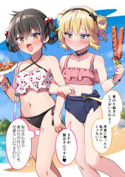 2girls alternate_costume alternate_hairstyle black_hair blonde_hair blue_sky blush collarbone day food green_eyes highres holding holding_food idolmaster idolmaster_cinderella_girls matoba_risa multiple_girls navel open_mouth ribbon riku_(melty_drop) sakurai_momoka sky standing swimsuit yellow_eyes