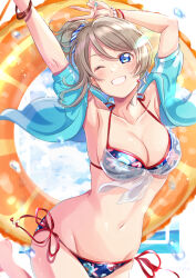 1girl absurdres armpits bikini bikini_day blue_eyes blue_nails blue_sweater bracelet breasts brown_hair cloud donut_innertube fingernails floral_print highres innertube iroenpitsu_xxx jewelry large_breasts looking_at_viewer love_live! love_live!_sunshine!! nail_polish navel one_eye_closed ponytail short_hair signature sky smile solo sweater swim_ring swimsuit upper_body watanabe_you water water_drop watermark