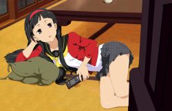 1girl amagi_yukiko atlus bad_id bad_pixiv_id black_hair controller female_focus hairband headband kannagi long_hair lying nagi parody persona persona_4 remote_control school_uniform solo third-party_edit