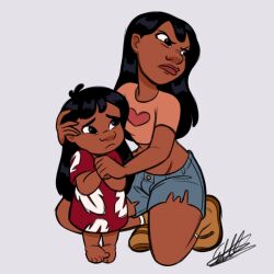 Rule 34 | 2girls, barefoot, black eyes, black hair, breasts, brown shirt, brown shoes, dark-skinned female, dark skin, frown, grey background, heart, heart print, large breasts, lilo &amp; stitch, lilo pelekai, long hair, midriff, multiple girls, nani pelekai, sad, shirt, shoes, short sleeves, shorts, siblings, simple background, sisters, stomach, torn clothes, torn shorts, witchylizzy