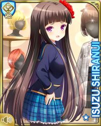 1girl :d black_hair blazer blue_jacket blue_neckwear blue_skirt card_(medium) day flower girlfriend_(kari) hair_flower hair_ornament hand_on_own_hip indoors jacket long_hair official_art open_mouth pantyhose plaid_clothes plaid_skirt pleated_skirt purple_eyes qp:flapper school_uniform shiranui_isuzu shirt skirt smile solo standing very_long_hair white_shirt wig