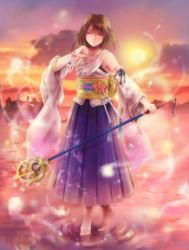 00s 1girl barefoot bracelet brown_hair closed_eyes cloud detached_sleeves female_focus final_fantasy final_fantasy_x full_body fuu_(goingmyway421) hakama hakama_skirt japanese_clothes jewelry kimono obi sash short_hair skirt solo sunset wand water yuna yuna_(ff10)