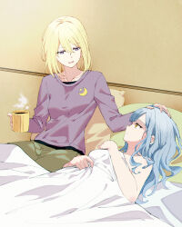 Rule 34 | 2girls, bang dream!, bang dream! it&#039;s mygo!!!!!, blonde hair, blue hair, coffee mug, commentary request, cup, hand on another&#039;s head, holding, holding cup, indoors, long sleeves, medium hair, misumi uika, mug, multiple girls, nude, on bed, open mouth, parted lips, pillow, purple eyes, purple shirt, rhapsode, shirt, smile, togawa sakiko, under covers, yellow eyes, yuri