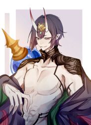 1boy absurdres fate/grand_order fate_(series) genderswap genderswap_(ftm) gourd headpiece highres horns japanese_clothes kimono male_focus oni purple_eyes purple_hair purple_kimono revealing_clothes shuten_douji_(fate) sketch skin-covered_horns solo toned toned_male umihotasan