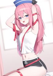1girl armpits arms_behind_head arms_up bare_shoulders black_shorts blue_eyes blue_hat blurry breasts camisole commission crop_top depth_of_field dolphin_shorts drawstring hat highres long_hair looking_at_viewer midriff n4_h4m navel one_side_up open_mouth original pink_hair pointy_ears red_ribbon ribbon shirt short_shorts shorts sitting skindentation sleeveless sleeveless_shirt small_breasts smile solo spaghetti_strap stomach thighs tongue tongue_out white_shirt