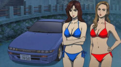 Rule 34 | 2girls, absurdres, arm on waist, belly, bikini, blonde hair, blue bikini, bra, breasts, brown eyes, brown hair, car, cleavage, crossed arms, hand on own hip, hand on own waist, highres, initial d, large breasts, lipstick, long hair, looking at viewer, makeup, medium breasts, midriff, motor vehicle, multiple girls, navel, nissan, nissan sileighty, panties, public indecency, red bikini, satou mako, sayuki (initial d), solo, standing, stomach, swimsuit, underwear, vehicle focus