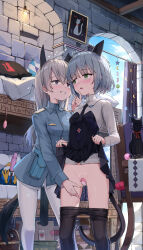 2girls absurdres animal_ears ball_gag black_necktie black_pantyhose blazer blue_hair blush breasts cat_ears cat_girl cat_tail clothes_lift clothes_pull cloud collared_shirt day dildo egg_vibrator eila_ilmatar_juutilainen epaulettes fox_ears fox_girl fox_tail gag green_eyes grey_hair grin highres indoors jacket liclac lifting_own_clothes long_hair looking_at_another looking_to_the_side mixed-language_commentary multiple_girls necktie object_insertion open_mouth pantyhose pantyhose_pull pleated_skirt pouch purple_eyes sanya_v._litvyak sex_toy shirt skirt skirt_lift sky small_breasts smile standing strike_witches strike_witches:_aurora_no_majo strike_witches:_suomus_misfits_squadron tail teeth vaginal vaginal_object_insertion very_long_hair vibrator white_pantyhose white_shirt world_witches_series yuri