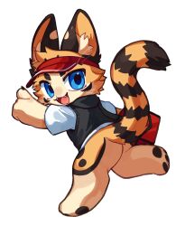 1boy black_fur black_vest blue_eyes borrowed_character brown_fur cheetah chiech1_e delivery fangs furry furry_male hand_up highres looking_at_viewer looking_back multicolored_fur open_mouth original pawpads picklez pizza_delivery pointing running spots vest visor_cap yellow_fur