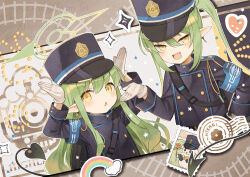 Rule 34 | 2girls, armband, black tail, blue archive, blue armband, blue jacket, demon girl, demon tail, gloves, green hair, green halo, hair between eyes, halo, highres, hikari (blue archive), jacket, long hair, looking at viewer, multiple girls, nozomi (blue archive), original-orange-610917, siblings, tail, twins, twintails, white gloves, yellow eyes