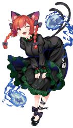 Rule 34 | 1girl, animal ears, black dress, braid, breasts, cat ears, cat girl, dress, fang, frilled dress, frills, hataraki kuma, highres, kaenbyou rin, looking at viewer, one eye closed, open mouth, red eyes, red hair, simple background, touhou, twin braids, white background