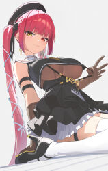 1girl black_hat black_skirt breasts brown_gloves crop_top crop_top_overhang gloves hat heterochromia high_heels highres hololive houshou_marine large_breasts long_hair looking_at_viewer number-only_commentary red_eyes red_hair reulem sitting skirt solo suspenders thighhighs twintails underboob very_long_hair virtual_youtuber wariza white_thighhighs yellow_eyes zettai_ryouiki
