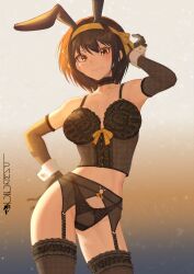 Rule 34 | 1girl, adversarial noise, animal ear hairband, animal ears, arm up, black bra, black choker, black garter belt, black panties, black thighhighs, bra, breasts, brown eyes, brown hair, choker, closed mouth, contrapposto, cowboy shot, elbow gloves, fake animal ears, garter belt, gloves, hairband, highres, leotard, lingerie, medium breasts, panties, pawz212, playboy bunny, rabbit ear hairband, rabbit ears, short hair, solo, suzumiya haruhi, suzumiya haruhi no yuuutsu, thighhighs, underwear, yellow hairband