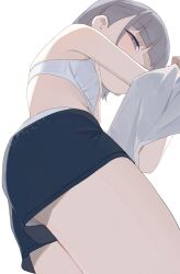 1girl black_shorts blue_eyes bra commentary grey_hair highres hiroki_(yyqw7151) looking_at_viewer original panties panties_under_shorts shorts simple_background solo thighs underwear white_background white_bra white_panties