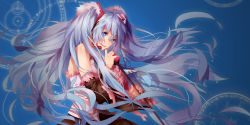 1girl absurdly_long_hair bad_id bad_pixiv_id black_skirt black_sleeves blue_background blue_eyes blue_hair blue_necktie detached_sleeves female_focus floating_hair frilled_sleeves frills hair_between_eyes hatsune_miku highres holding holding_microphone_stand long_hair long_sleeves microphone_stand necktie nianbingzi open_mouth pleated_skirt shirt skirt solo standing twintails very_long_hair vocaloid white_sleeves