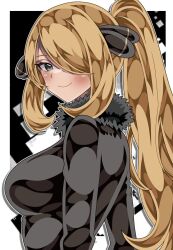 1girl alternate_hairstyle black_coat blonde_hair breasts closed_mouth coat cynthia_(pokemon) from_side fur-trimmed_coat fur_collar fur_trim grey_eyes hair_ornament hair_over_one_eye highres large_breasts long_hair medium_breasts nintendo pokemon pokemon_dppt ponytail shiki_(kisikisi1007) smile solo upper_body wavy_hair