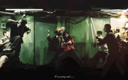 1boy black_necktie blonde_hair blood blood_on_face blurry carrotsprout chainsaw chainsaw_man collared_shirt dark denji_(chainsaw_man) formal_clothes gang hammer highres holding holding_hammer holding_weapon jumping necktie oldboy parody red_shirt sharp_teeth shirt short_hair solo_focus suit teeth twitter_username weapon white_shirt zombie