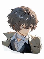 bandaged_neck bandages bandaid bandaid_on_neck black_vest brown_coat brown_eyes brown_hair bungou_stray_dogs closed_mouth coat coat_on_shoulders collared_shirt cropped_shoulders dazai_osamu_(bungou_stray_dogs) hair_between_eyes highres hrak_mumi looking_to_the_side nose portrait shirt short_hair smile solo vest white_shirt