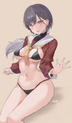 1girl adapted_uniform bikini black_bikini breasts brown_background brown_shrug commentary_request grey_hair hair_ornament hairclip hasu_no_sora_school_uniform highres katsuragi_izumi light_blush light_smile link!_like!_love_live! long_hair long_sleeves looking_at_viewer love_live! lowlight1010 medium_breasts micro_bikini navel neckerchief open_mouth paid_reward_available ponytail red_eyes sailor_collar school_uniform shrug_(clothing) sitting slit_pupils solo string_bikini swimsuit triangle_hair_ornament turtleneck virtual_youtuber white_sailor_collar winter_uniform yellow_neckerchief