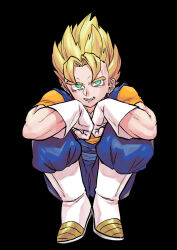 Rule 34 | 1boy, arms on knees, black background, blonde hair, blue dougi, blue eyes, blue pants, blue sash, blue shirt, boots, clenched hands, dougi, dragon ball, dragon ball super, earrings, feet together, full body, gloves, head rest, highres, jewelry, knees together feet apart, knees up, looking at viewer, male focus, medium hair, muscular, muscular male, obata2nd, orange undershirt, pants, pectoral cleavage, pectorals, potara earrings, sash, shirt, simple background, sitting, smile, solo, spiked hair, super saiyan, teeth, undershirt, vegetto, white boots, white gloves
