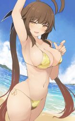 1girl alternate_costume antenna_hair arm_up armpits b6_(b6_n2) beach bikini blue_sky breasts brown_hair cleavage cloud commentary_request girls&#039;_frontline golden_week highres long_hair looking_at_viewer m14_(girls&#039;_frontline) navel ocean open_mouth orange_eyes side-tie_bikini_bottom sky smile solo stomach swimsuit twintails