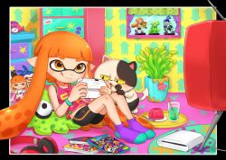 1girl :p :q amiibo bad_id bad_pixiv_id bendy_straw bike_shorts blunt_bangs book cat character_doll chest_of_drawers child clock colorful controller cup drawer drink drinking_glass drinking_straw eyebrows figure fish food game game_console game_controller gelatin headphones headphones_removed holding indoors inkling inkling_girl inkling_player_character judd_(splatoon) knees_up legs_together long_hair midriff_peek monster_girl nintendo no_shoes on_floor orange_eyes orange_hair plant playing_games pointy_ears potted_plant purple_legwear riko_(sorube) socks splatoon_(series) splatoon_1 squid starfish tank_top television tentacle_hair tongue tongue_out tray wallpaper_(object) wii_u window