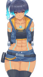 1girl abs belt blue_hair breasts crop_top cropped_jacket dark-skinned_female dark_skin djames elbow_gloves gloves glowing glowing_hair highres looking_at_viewer sena_(xenoblade) short_hair short_shorts shorts side_ponytail small_breasts thighhighs white_background wide_hips xenoblade_chronicles_(series) xenoblade_chronicles_3